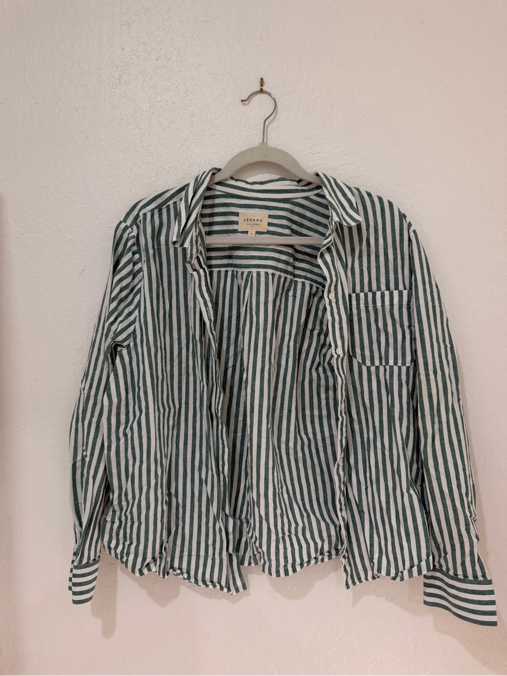 Sezane Green and White Striped Button-Up Shirt Tomboy Style